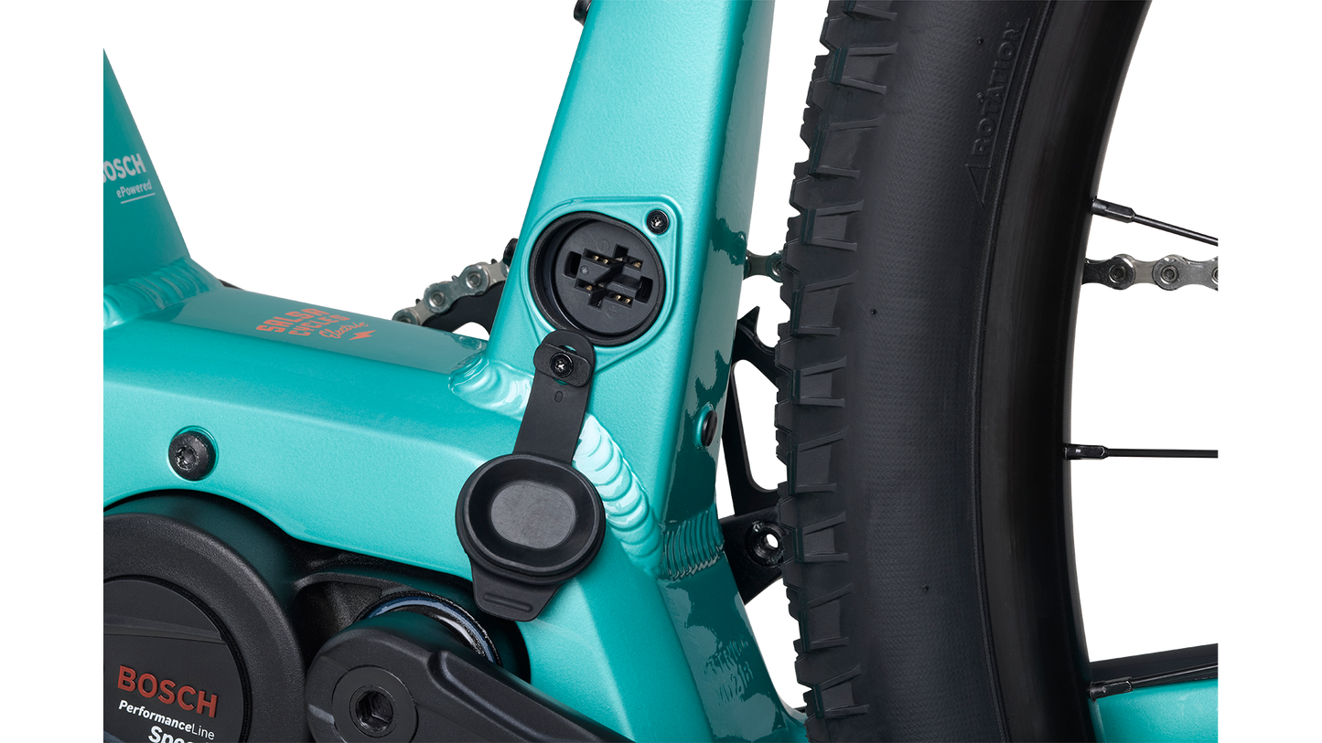 Salsa Tributary Ebike GRX 600 teal Bosch motor charging port cover open on white background