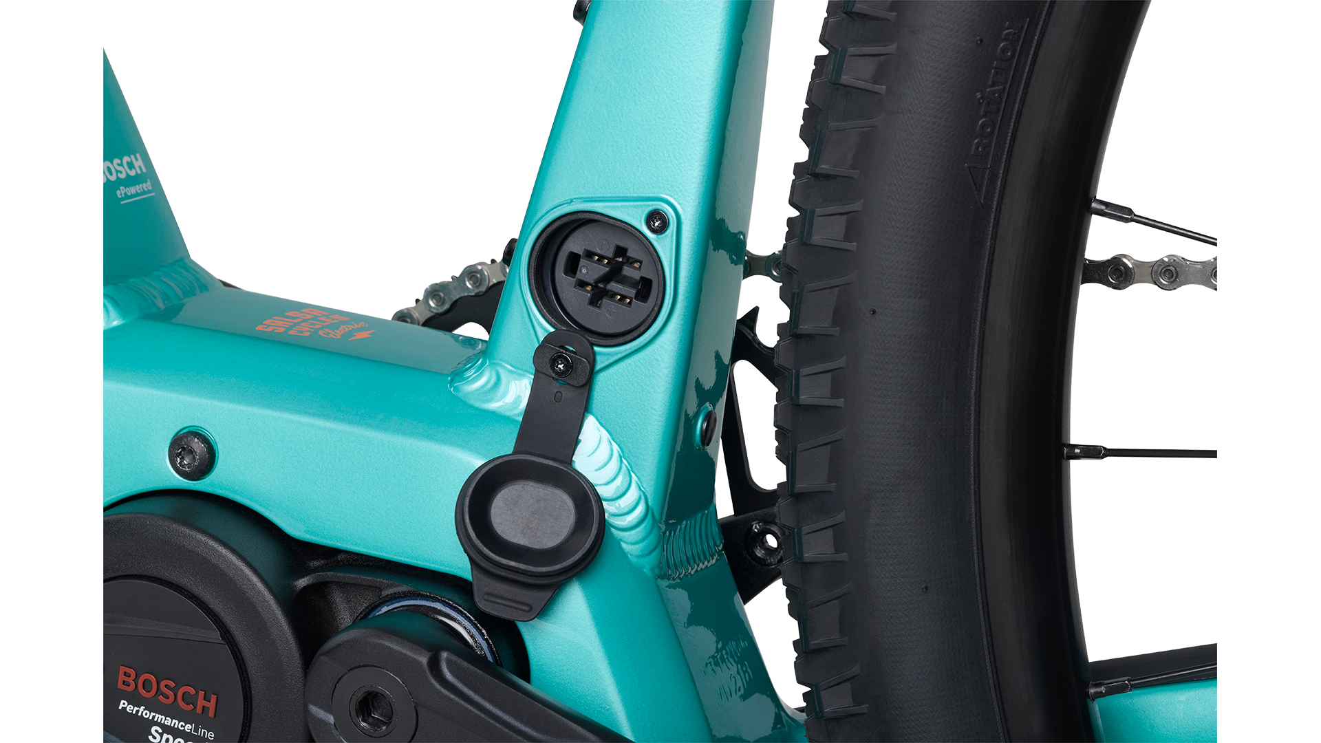 Salsa Tributary Ebike GRX 600 teal Bosch motor charging port cover open on white background