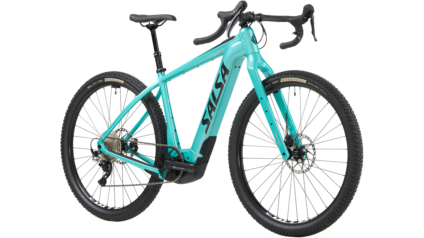 Salsa Tributary Ebike GRX 600 teal color three-quarter front view on white background