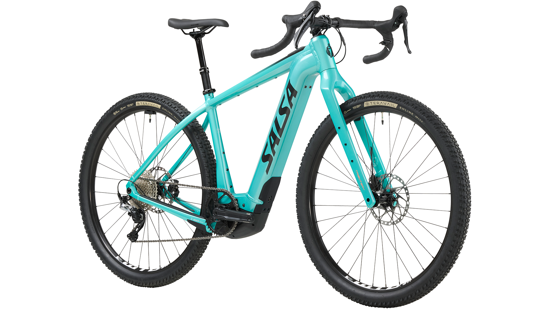 Salsa Tributary Ebike GRX 600 teal color three-quarter front view on white background