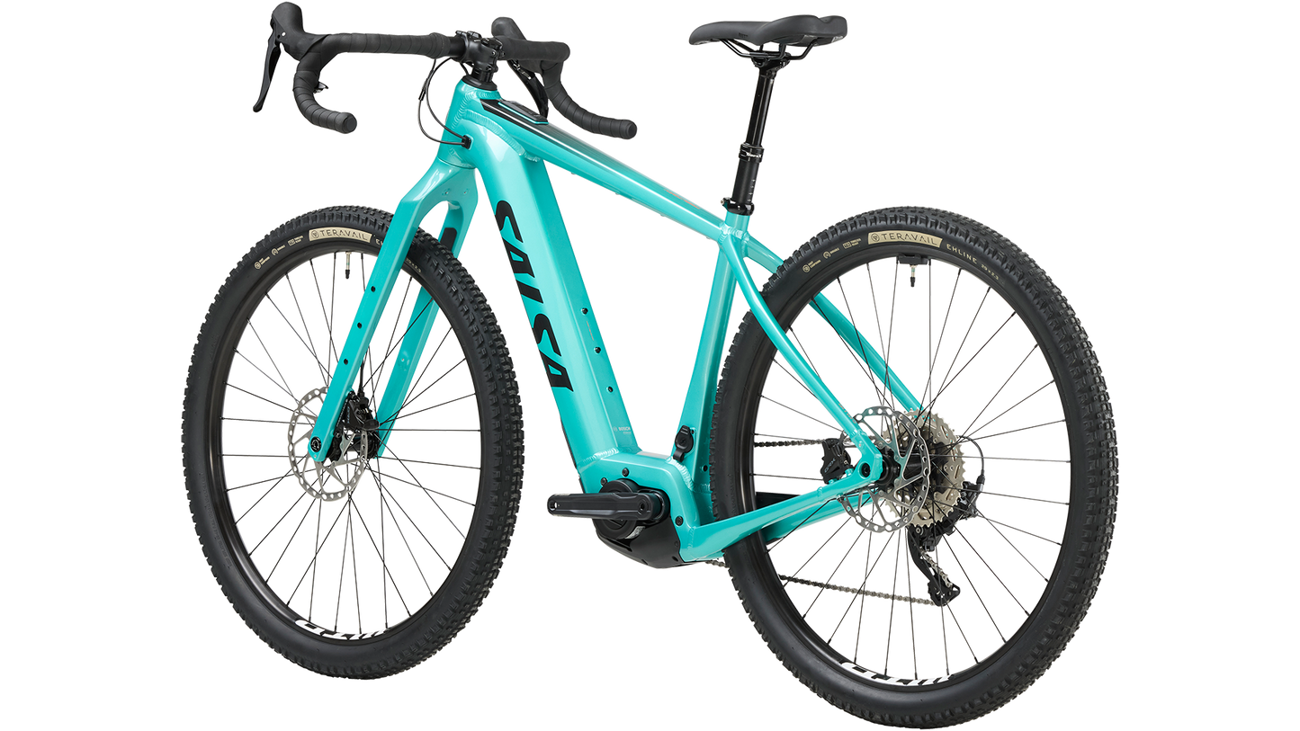 Salsa Tributary Ebike GRX 600 teal color three-quarter rear view on white background