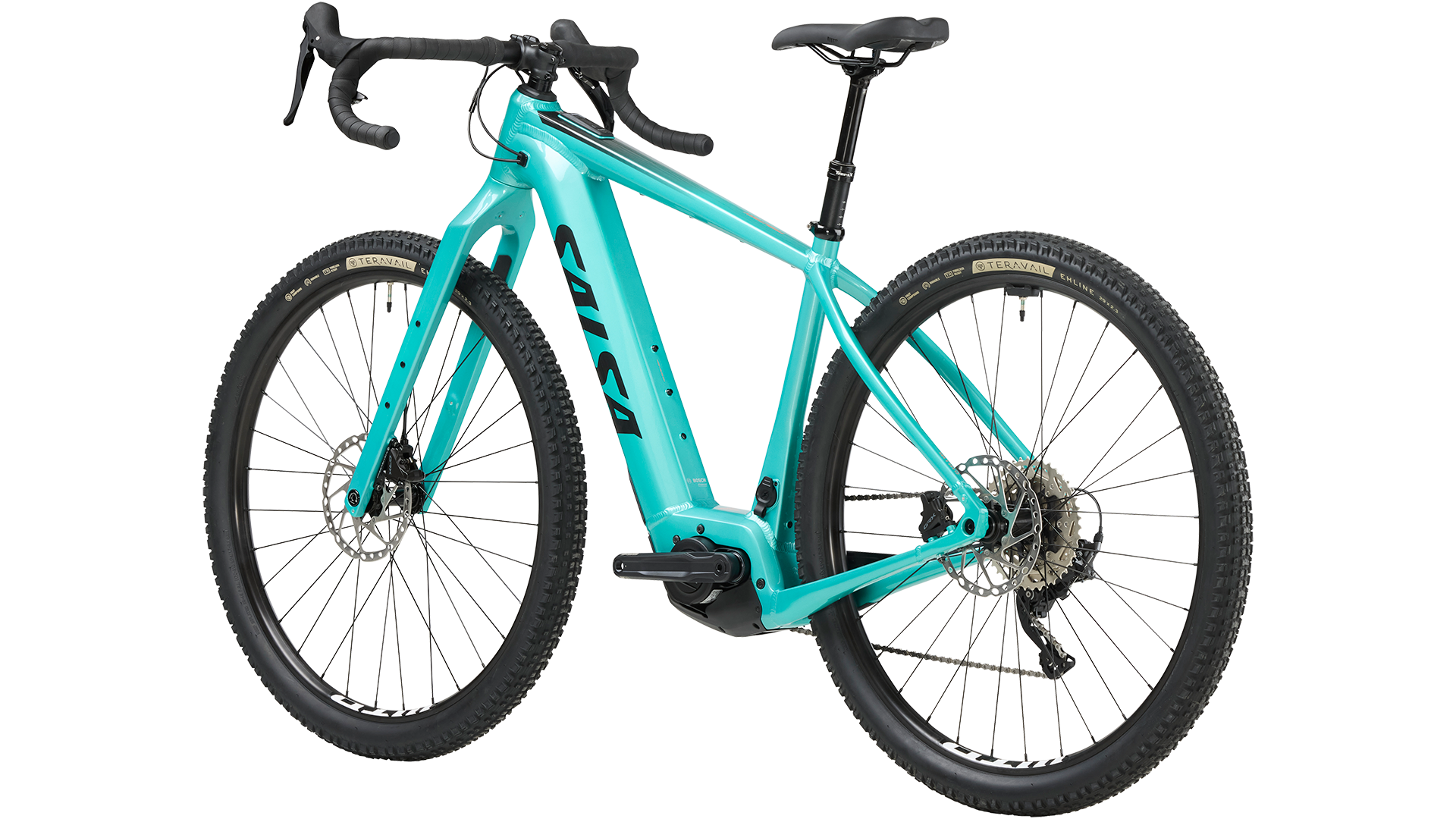 Salsa Tributary Ebike GRX 600 teal color three-quarter rear view on white background