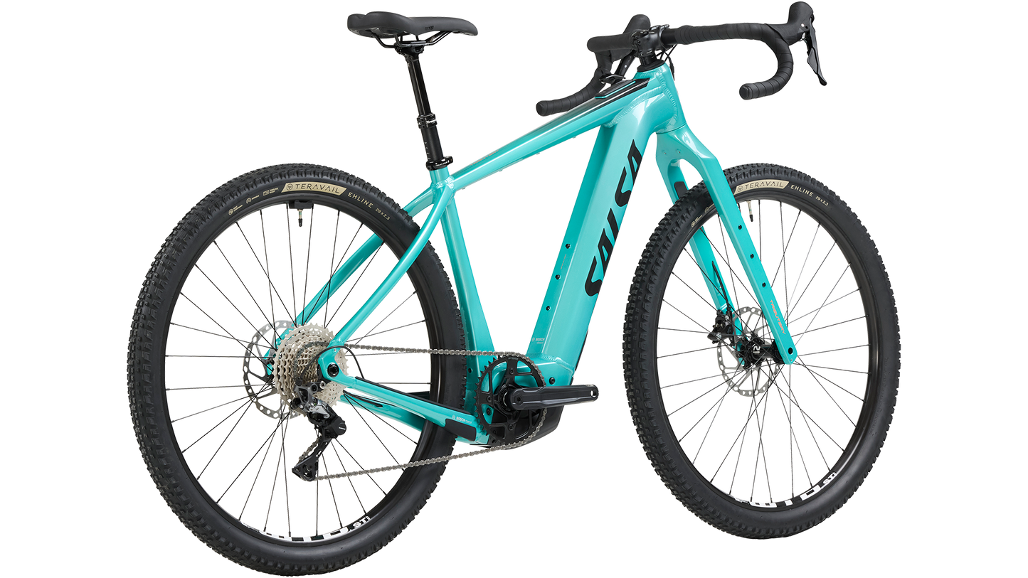 Salsa Tributary Ebike GRX 600 teal color three-quarter drive side rear view on white background