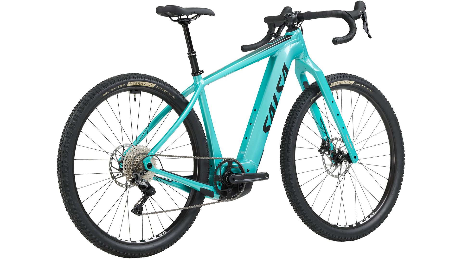 Salsa Tributary Ebike GRX 600 teal color three-quarter drive side rear view on white background