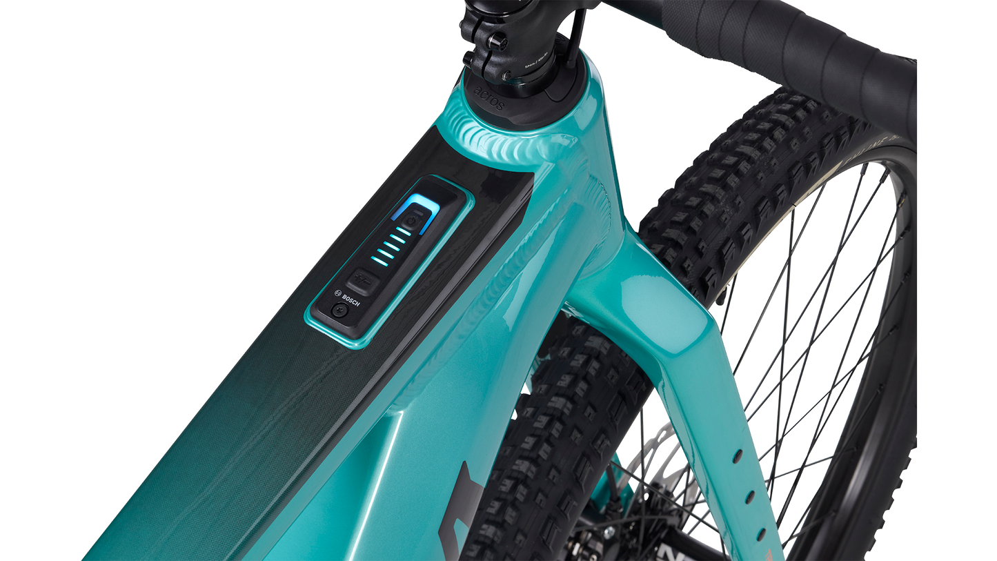 Salsa Tributary Ebike GRX 600 teal color top tube power button detail on white background