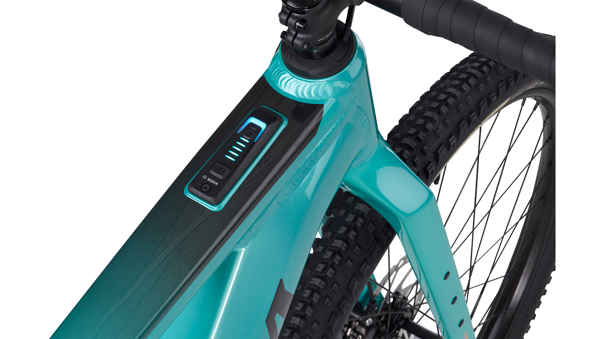 Salsa Tributary Ebike GRX 600 teal color top tube power button detail on white background