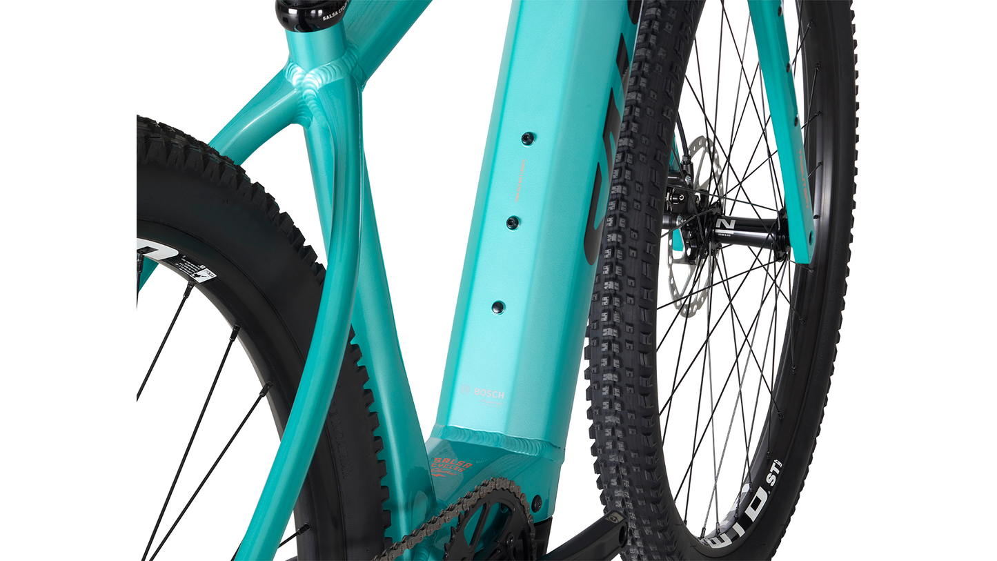 Salsa Tributary Ebike GRX 600 teal color downtube accessory mount detail on white background