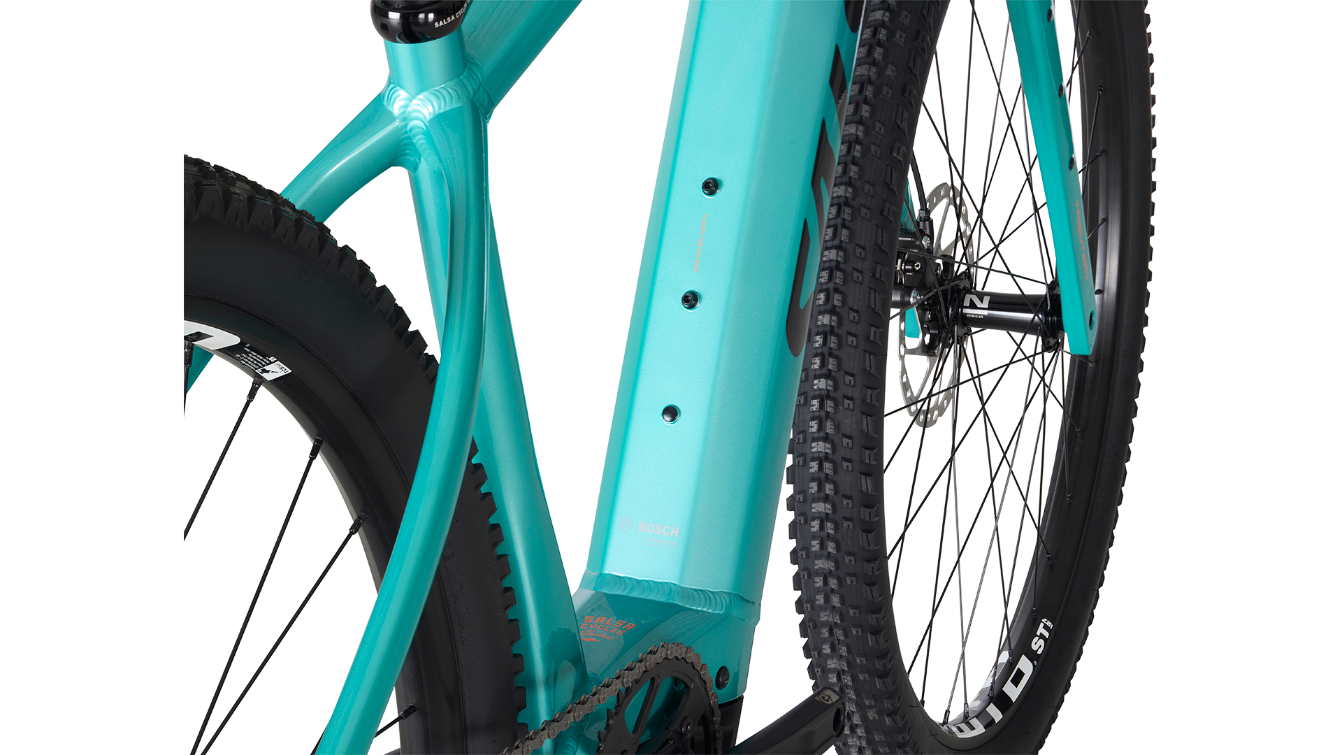 Salsa Tributary Ebike GRX 600 teal color downtube accessory mount detail on white background