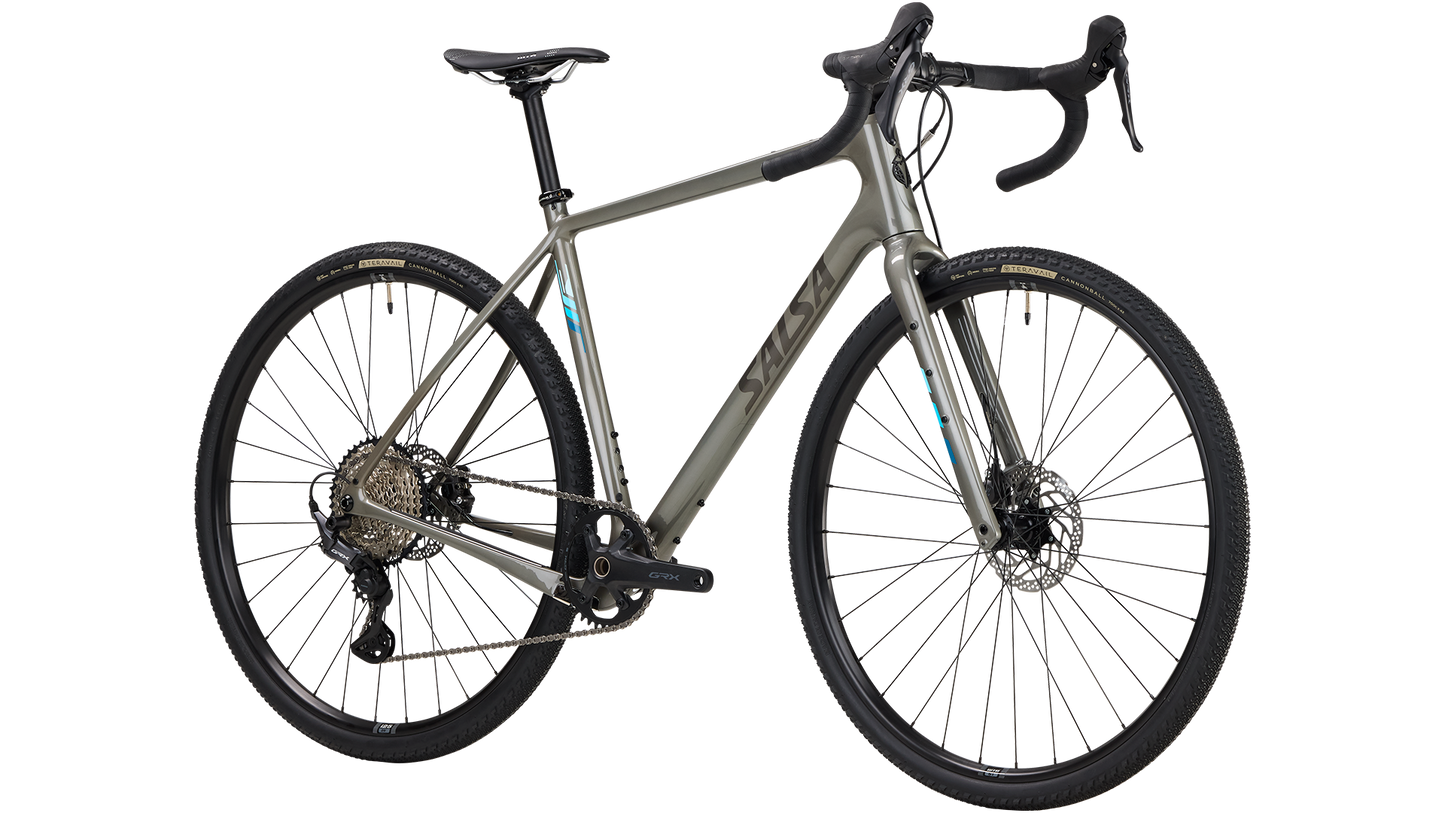 Salsa Warbird GRX 610 bike in gray color front three quarter view