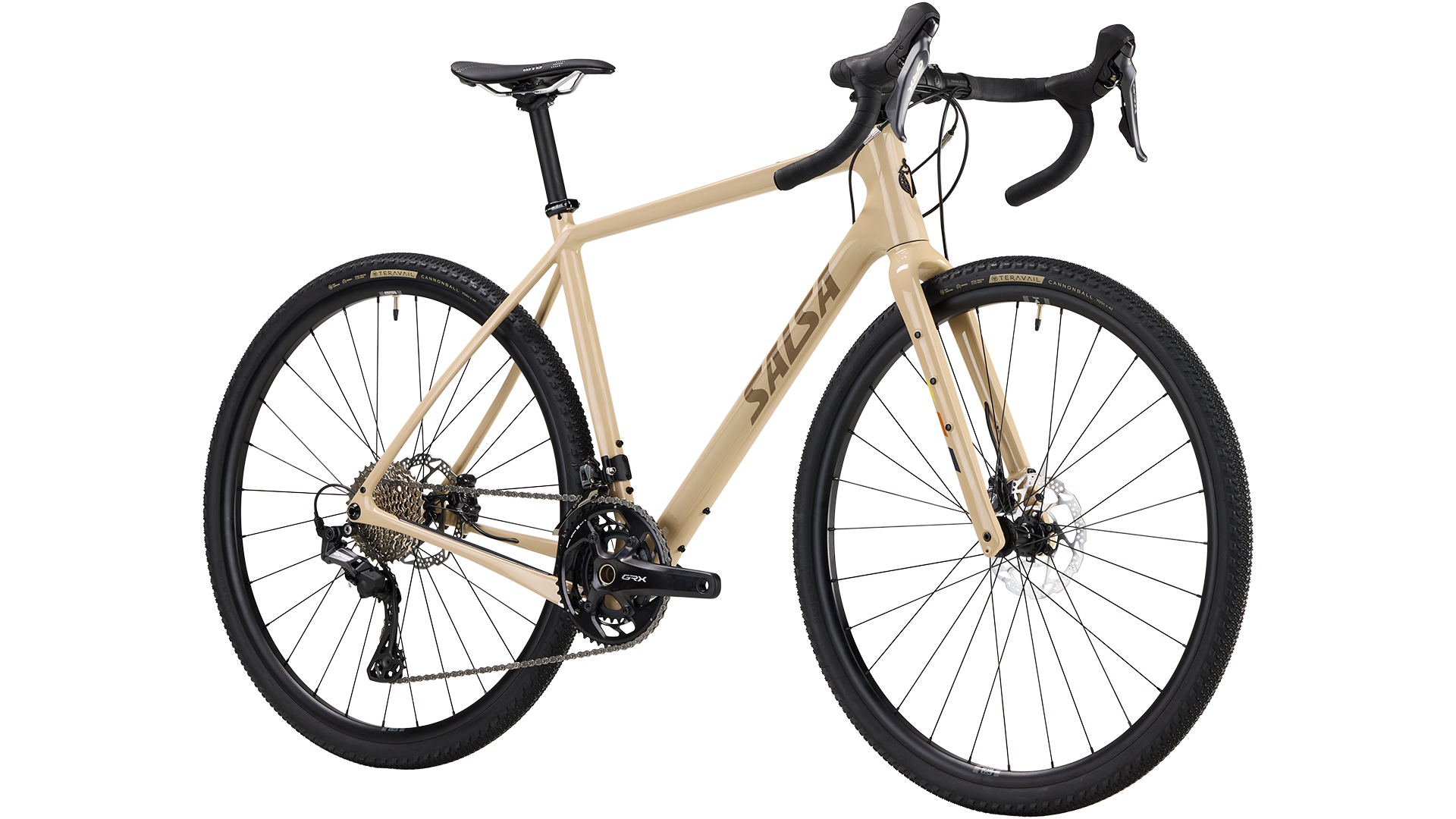 Salsa Warbird GRX 80 2x bike in tan color front three quarter view