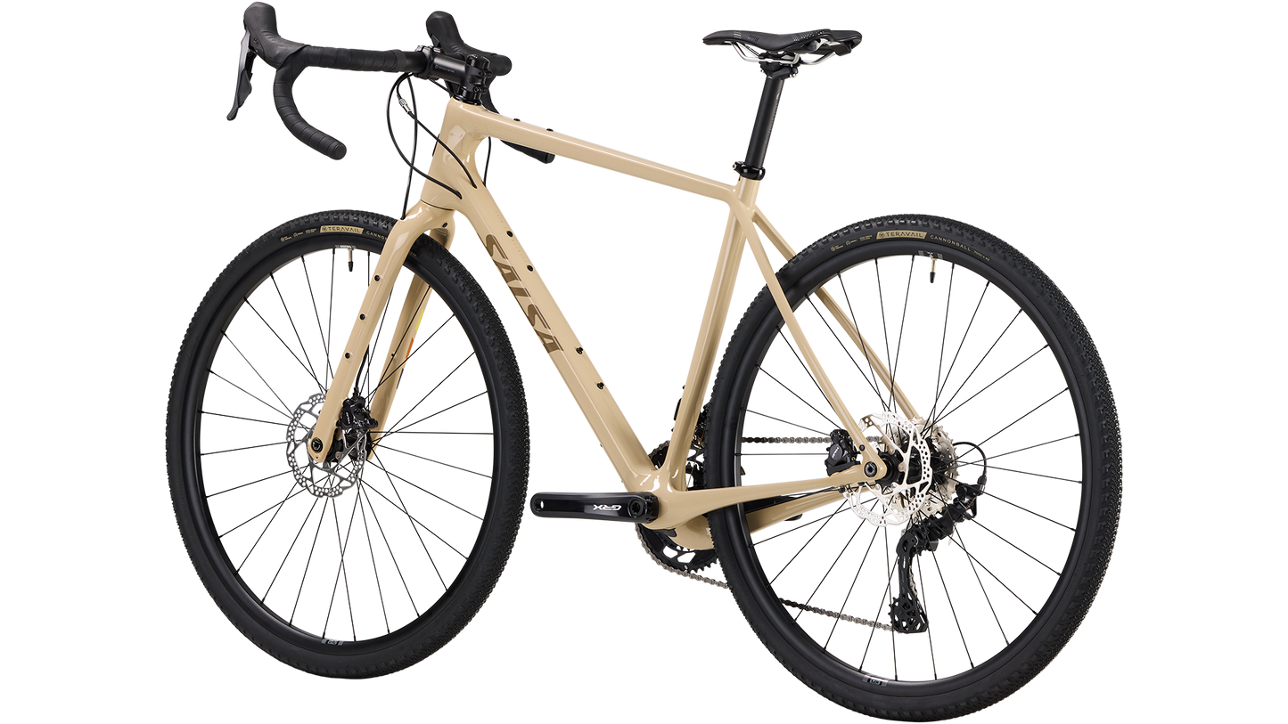 Salsa Warbird GRX 80 2x bike in tan color rear three quarter view