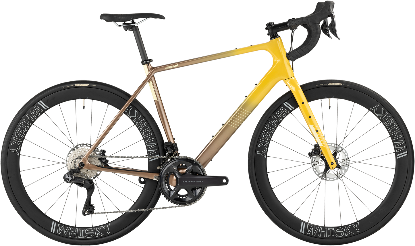 Salsa Warroad C Ultegra Di2 bike, gold fade color, side view on white background