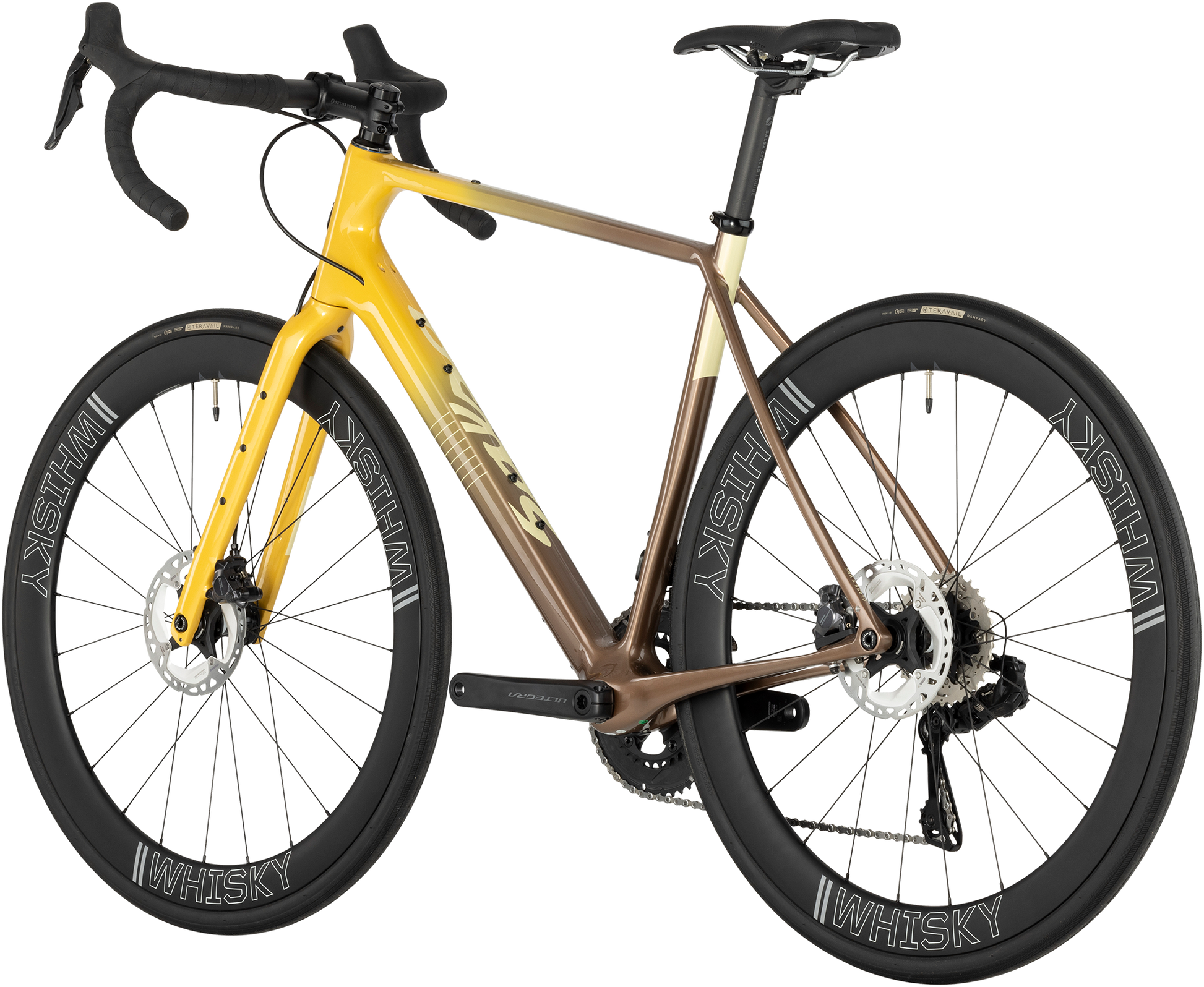 Salsa Warroad C Ultegra Di2 bike, gold fade color, rear three-quarter view on white background