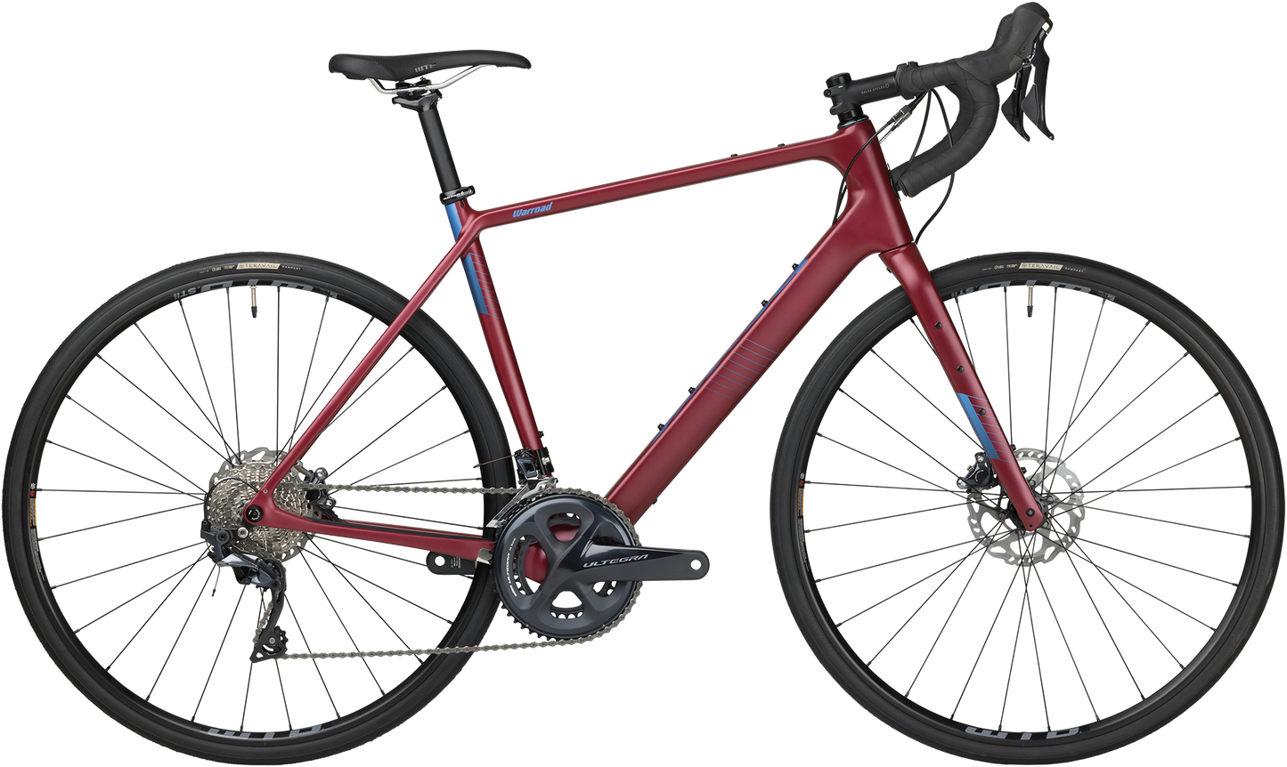 Salsa Warroad C Ultegra bike, dark red color, side view on white background