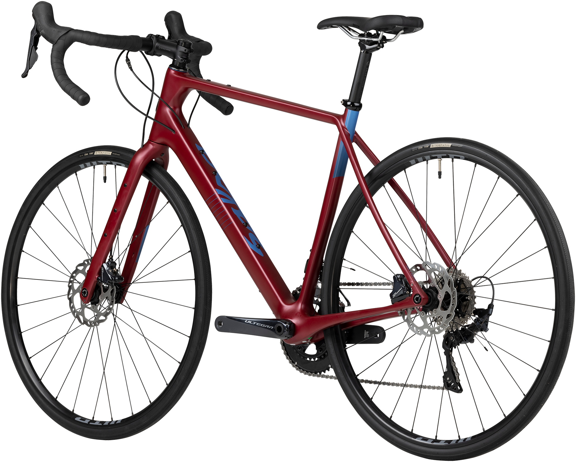 Salsa Warroad C Ultegra bike, dark red color, rear three-quarter view on white background